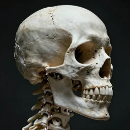 geometric laterally expansive human cranium + spinal cord, cinematic photo