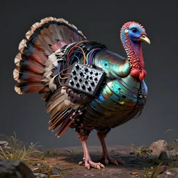 a scientific illustration of a cybernetic turkey that is an eurorack modular synthesizer, with electronic colorful feathers, cables and knobs in its body. john james audubon