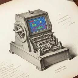 close - up on detailed, intricate technical drawings from 1 8 4 0 with extensive written labels and covered in scribbled pencil notes, for a mechanical display attachment to babbage's difference engine, showing a screen playing tetris