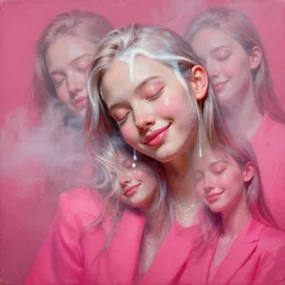 3 d, close - up, liquid white oil, sleepy smiling fashion model, light fog, smoke, poster art, high detail, intricate oil painting, multiple exposure, deep pink color palette, hyperrealism, 3 d, by tooth wu and wlop and beeple and greg rutkowski