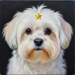 intricate five star maltese dog portrait by casey weldon, oil on canvas, hdr, high detail, photo realistic, hyperrealism, matte finish, high contrast, 3 d depth, centered, masterpiece, vivid and vibrant colors, enhanced light effect, enhanced eye detail, artstationhd