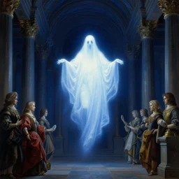 a glowing sheeted ghost floats in massive mystical classical halls. night time. deep blue tones. renaissance masterpiece. highly detailed fantasy painting by norman rockwell, frank frazetta, johfra bosschart, and syd mead. rich colors, high contrast, dark background. artstation