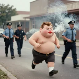big chungus running from cops in 1950's, blurry, smokes everywhere