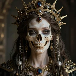realistic portrait of a queen of bones, dark, gold, silver ornaments, facing camera, photo realistic, detailed, 1 4 5 0, delicate, hyper realism, ultra realistic, 8 k