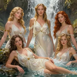 ultra realistic illustration, a stunningly beautiful greek goddess played by jordyn jones and dove cameron and margot robbie and taylor swift and megan fox and natalie dormer, bathing in a waterfall at the golden hour, intricate, elegant, highly detailed, digital painting, artstation, concept art, smooth, sharp focus, illustration, art by artgerm and greg rutkowski and alphonse mucha