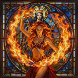 ultra realist breathtaking detailed soft painting of a beautiful fire dancer girl, long fire hair, symmetrical facial features, christian saint, in the middle of an intricate stained glass of flames, art nouveau frame, by wlop, Tom Bagshaw, Rebecca Guay, trending on artstation