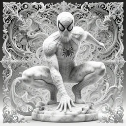 spiderman made of marble, hyper detailed, flowing psychadelic background intricate and detailed, ornate 8 k gorgeous intricate detailed, octane render, black and white