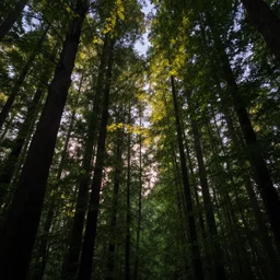 really beautiful forest, evening sky, light passing through leafs, ultra realistic