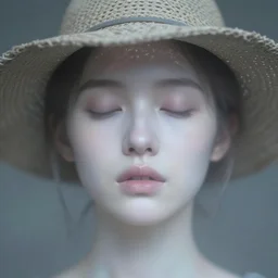 out of focus photorealistic portrait of a beautiful pale young woman by sarah moon, wide face, very blurry, translucent white skin, closed eyes, foggy, closeup, with a weird hat