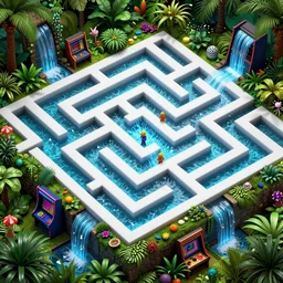 wimmelbilder maze made of 80's arcade jungle waterfall level, isometric, white path, octane render, particle effects, unreal engine, very sharp, high contrast