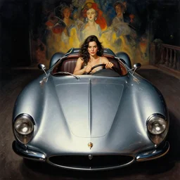 3 d fisheye, very low angle, wide angle, painting showing olivia munn driving exaggerated 1 9 3 0 s car with woman driving, shiny, aerodynamic, dramatic lighting, sultry, sensual, vargas, wlop, manara, mucha, moebius, elvgren, joshua middleton, clay mann, artgerm