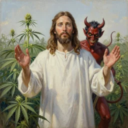 jesus with devil spreads his hands against the background of growing cannabis. an oil painting in the style of van gogh