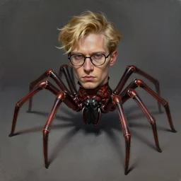 oil matte portrait, blond man with glasses and spider legs, eight legs. digital painting, fantasy, concept art, cinematic colors, realistic shaded. by ilya kuvshinov, magali villeneuve, artgerm, greg rutkowski