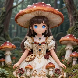 Detailed portrait of mushroom princess, mushroom dress, unique design, by Yun Taek Oh, fine details, anime, pretty face, beautiful blue eyes young girl, forest background, perfect, 8k high detail, intricate, sharp focus, masterpiece, trending on artstation
