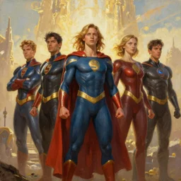 an epic painting of the team of super heroes, oil on canvas, golden hour, perfect composition, golden ratio, beautiful detailed, photorealistic, digital painting, artstation, concept art, smooth, sharp focus, illustration, fantasy background, artstation trending, octane render, unreal engine