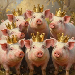 an epic painting of the team of pigs wearing gold crowns, oil on canvas, golden hour, perfect composition, golden ratio, beautiful detailed, photorealistic, digital painting, artstation, concept art, smooth, sharp focus, illustration, fantasy background, artstation trending, octane render, unreal engine