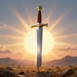 3d render of a big sword stuck in the ground with god rays around it, sunrise, ultra photorealistic, 8k,