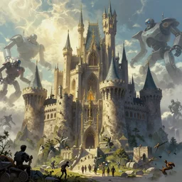 beautiful comic book art of a fantasy castle by alan lee and simon bisley, robots in the background by simon stalenhag and jack kirby