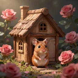 a small cute wood mouse stands in front of a little wooden house, surrounded by roses, concept art by disney artists