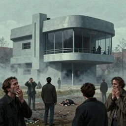 outdoor exterior, cassette futurism, existential horror, people in anguish, people in grief, societal breakdown, atmospheric haze, film. illustration by edward hopper, norman rockwell, gregory crewdson. film still, 1 6 mm cinematography