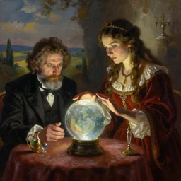 painting by remus grecu, of fortune teller with crystal ball, and wealthy customer