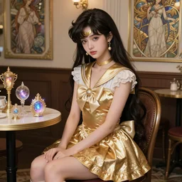 beautiful detailed sailor moon aesthetic, beautiful detailed fantasy, beautiful detailed intricate a beautiful girl with long dark hair and bangs, wearing a gold sailor dress, sitting alone in a cafe with magic items all around, beautiful detailed elegant, highly detailed, beautiful detailed digital painting, artstation, beautiful detailed concept art, matte, sharp focus, highly detailed illustration,  highly intricate detailed art by Artgerm and Greg Rutkowski and Alphonse Mucha