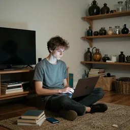 a skinny computer nerd guy sitting on the floor of his room, crossed legs, laptop, smartphone, video games, tv, books, potions, jars, shelves, knick knacks, tranquil, calm, sparkles in the air, magic aesthetic, faded effect, photograph, kodak film, realism