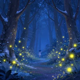 beautiful picture of a magical fireflies glowing different lights everywhere in the centre of blizzard in an enchanted beautiful forest, fantasy art, trending on artstation, cgsociety, nice composition, great fantasy mood, classic Disney mood