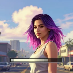 a stunning GTA V loading screen with a beautiful woman with ombre hairstyle in purple and pink blowing in the wind, beautiful sky with cumulus couds, city streets, golden ratio, digital art, trending on artstation