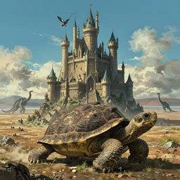 large fantasy castle rising from the top of a giant tortoise that is towering over a harsh barren wasteland, centered in frame, howls moving castle, mortal engines, kaiju, distance - shot, fantasy, hyper detailed, 4 k