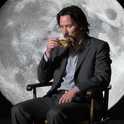 Keanu Reeves sitting on a chair and drinking tea on the moon, 4k