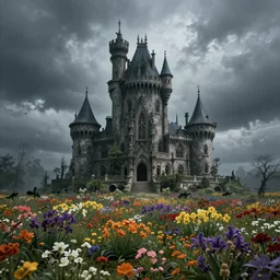 A very phantasmagoric and ominous tall castle stands in the middle of an plain covered with colorful flowers