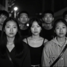 a group of people staring at the viewer, blurred faces, night b&w, found footage, VHS, 240p