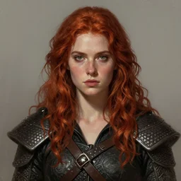 young woman, medium wavy red hair, slightly tanned, heroine, digital painting, portrait, intricate complexity, rule of thirds, in the style of the witcher, character concept