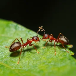 national geographic photography, high contrast of 2 red ants fighting on leaves