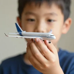 boy holding airplane toy in his hand. hands, face, fingers. detailed, realistic, photorealistic.