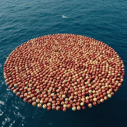 an overhead shot of 7 thousand apples floating in the middle of the ocean, 8 k hdr movie still