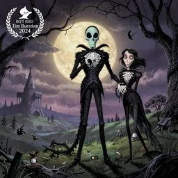 comic book art in the style of bob ross and tim burton