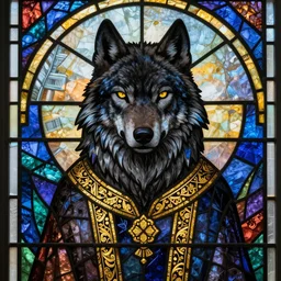 detailed stained glass art of a black wolf priest with gold patterns on its clothing, psychedelic glass background, sharp focus, featured on artstation