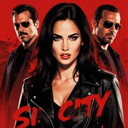 dream of a film still from sin city, closeup portrait of film noir megan fox private detective, detailed illustration, digital art, trending on artstation, frank miller, martin ansin, movie poster, paint splatter, black on red, graffiti, gta v,