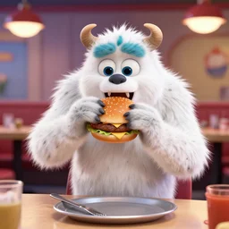 a photo of a white fur monster standing and eating a hamburger in a restaurant, monsters inc.