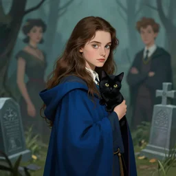 elegant concept art illustration of a young beautiful wizard with long brown hair and a black cat over her shoulders. blue robes. sharp focus. by greg rutkowski and alphonse mucha and adam hughes, surrounded by graveyards