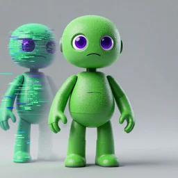 a man inside a Spring Bonnie animatronic, starting out as green, glitching code with purple eyes, and slowly becoming more solid
