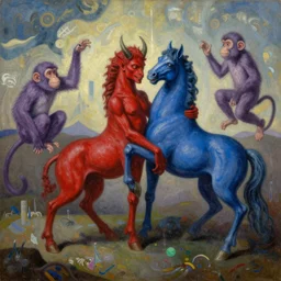 red bodied devils and blue horses, purple monkeys | pain, pleasure, suffering, adventure, love, life, afterlife, souls in joy and agony | abstract oil painting, gouche on paper by MC Escher and Salvador Dali and raqib shaw |