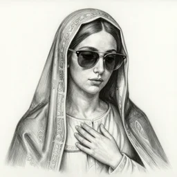 hand-drawn portrait of maria the mother of jesus wearing sunglasses, hyperdetailed ultra intricate art, drawn by Harding Meyer