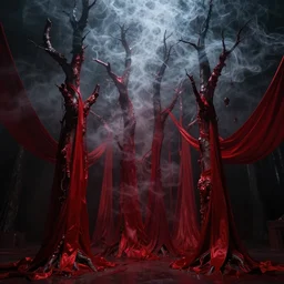magical trees from hell, chiaroscuro, red fabric, metallic parts from heaven, transparent smoke, canon eos r 3, f / 1. 4, iso 2 0 0, 1 / 1 6 0 s, 8 k, raw, symmetrical balance, in - frame