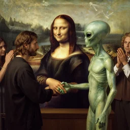 Human and alien shaking hands in large arean full of approving onlookers, style of leonardo da vinci