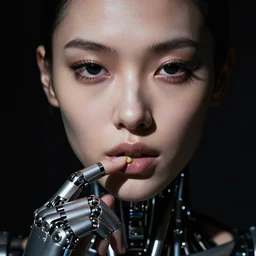 hyperrealistic pose of an stunning cyborg contemplating eating, black eyes and eyelashes, ultra high face symmetry, masterpiece, award - winning, by christian rex van minnen rachel ruysch dali todd schorr beth cavener, chiaroscuro cast shadows obscuring features dramatic lighting perfect composition masterpiece