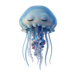sleepy jellyfish, stylized pixar-style 3d render, full body, isolated on a pure white background, centered, entire subject in frame, sharp focus, soft studio lighting