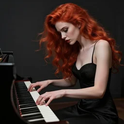 a Photorealistic dramatic fantasy render of a beautiful redhaired woman playing the piano by WLOP,Artgerm,Greg Rutkowski,Alphonse Mucha, Beautiful dynamic dramatic dark moody lighting,shadows,cinematic atmosphere,Artstation,concept design art,Octane render,8K The seeds for each individual image are:  [1629587180, 510867977, 3949301086]